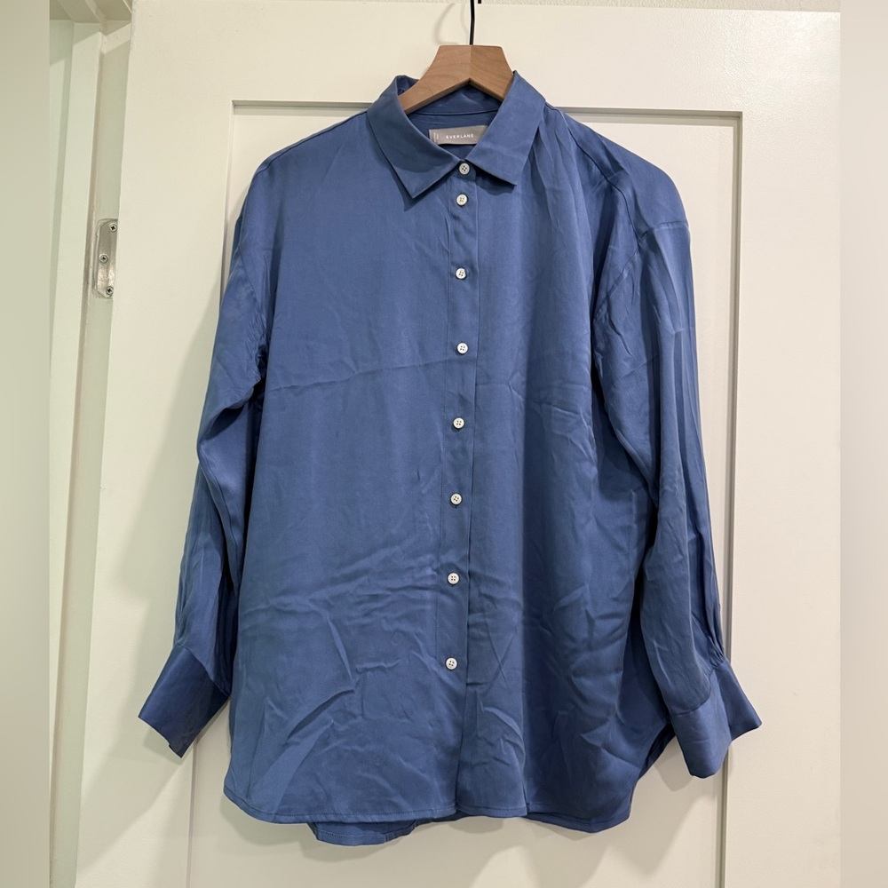 Everlane Clean Silk Charmeuse Oversized Shirt in French Blue